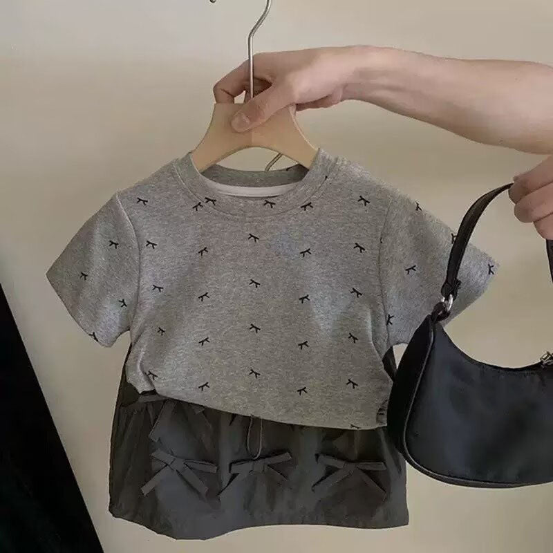 [5071162] - One Set 2in1 Baju Setelan Atasan Kaos Lengan Pendek Bawahan Rok Pendek Comfort Fashion Style Anak Perempuan Cewek - Motif Cute Bow - BABYHOKI STORE