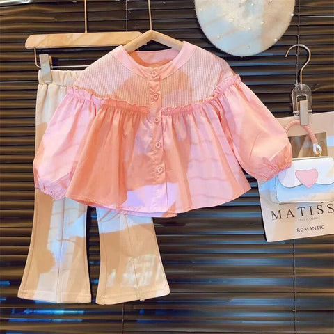 [5071163] - One Set 2in1 Baju Setelan Atasan Blouse Pink Lengan Panjang Bawahan Celana Panjang Korean Version Anak Perempuan Cewek - Motif Top Ruffled - BABYHOKI STORE