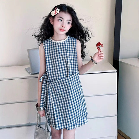 [5071164] - Baju Gaun Dress Lengan Kutung Korean Version Style Anak Perempuan Cewek - Motif Plaid - BABYHOKI STORE