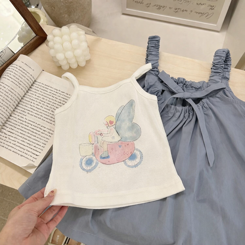 [5071165] - One Set 2in1 Baju Setelan Dress Atasan Lengan Kutung Bawahan Rok Pendek Comfort Fashion Style Anak Perempuan Cewek - Motif Girl On Bicycle - BABYHOKI STORE