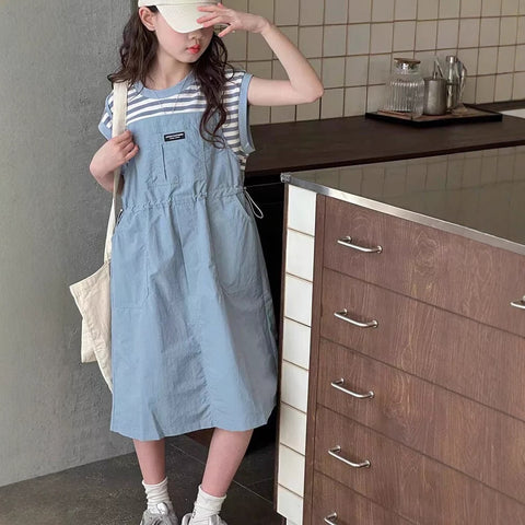 [5071166] - One Set 2in1 Baju Setelan Dress Atasan Lengan Kutung Bawahan Rok Pendek Comfort Fashion Style Anak Perempuan Cewek - Motif Striped Color - BABYHOKI STORE