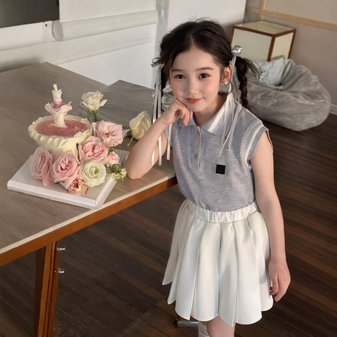 [5071167] - One Set 2in1 Baju Setelan Atasan Kerah Kaos Lengan Kutung Bawahan Rok Pendek Comfort Fashion Style Anak Perempuan Cewek - Motif Basic Solid Color - BABYHOKI STORE