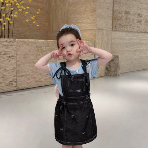 [5071170] - One Set 2in1 Baju Setelan Atasan Lengan Pendek Bawahan Overall Rok Pendek Comfort Fashion Style Anak Perempuan Cewek - Motif Little Ribbon - BABYHOKI STORE