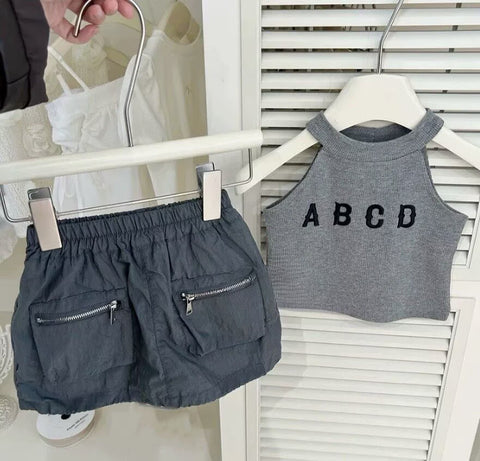 [5071174] - One Set 2in1 Baju Setelan Atasan Kaos Lengan Kutung Bawahan Rok Pendek Comfort Fashion Style Anak Perempuan Cewek - Motif Alhpabet ABCD - BABYHOKI STORE