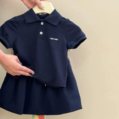 [5071175] - One Set 2in1 Baju Setelan Atasan Kaos Kerah Lengan Pendek Bawahan Rok Pendek Comfort Fashion Style Anak Perempuan Cewek - Motif Basic Navy Color - BABYHOKI STORE