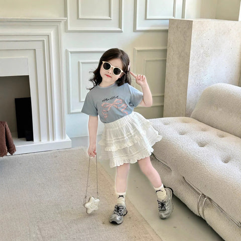 [5071178] - One Set 2in1 Baju Setelan Atasan Kaos Lengan Pendek Bawahan Rok Pendek Comfort Fashion Style Anak Perempuan Cewek - Motif Pink Ribbon - BABYHOKI STORE