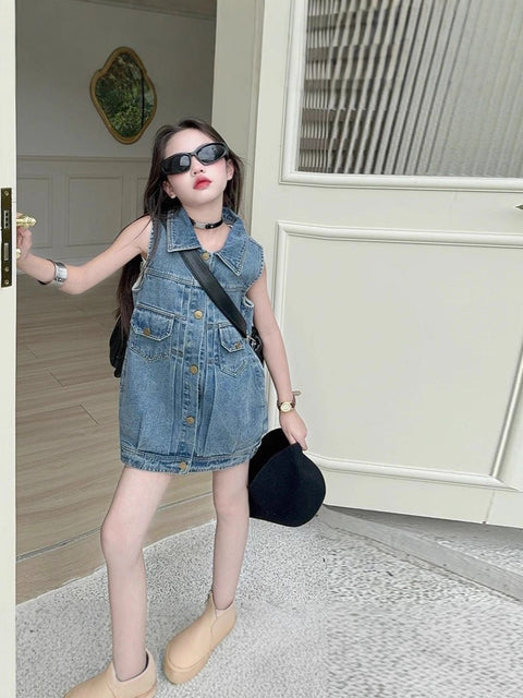 [5071179] - Baju Vest Dress Lengan Kutung Version Korean Style Anak Perempuan Cewek - Motif Denim - BABYHOKI STORE