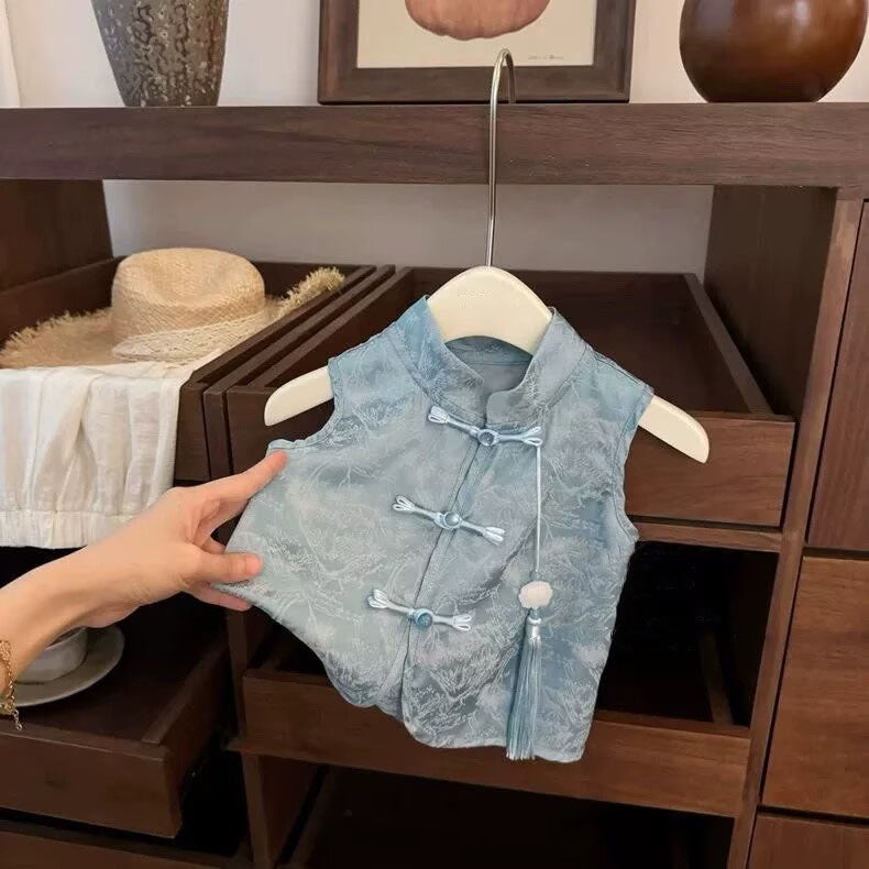 [5071181] - One Set 2in1 Baju Setelan Cheongsam Shanghai Imlek Atasan Lengan Kutung Bawahan Celana Pendek Chinese Style Anak Perempuan Cewek - Motif Qing Blue - BABYHOKI STORE