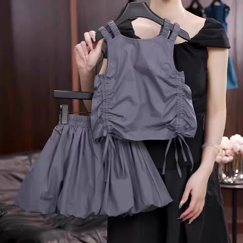 [5071183] - One Set 2in1 Baju Setelan Atasan Lengan Kutung Bawahan Rok Pendek Korean Version Style Anak Perempuan Cewek - Motif Basic Color Gray - BABYHOKI STORE