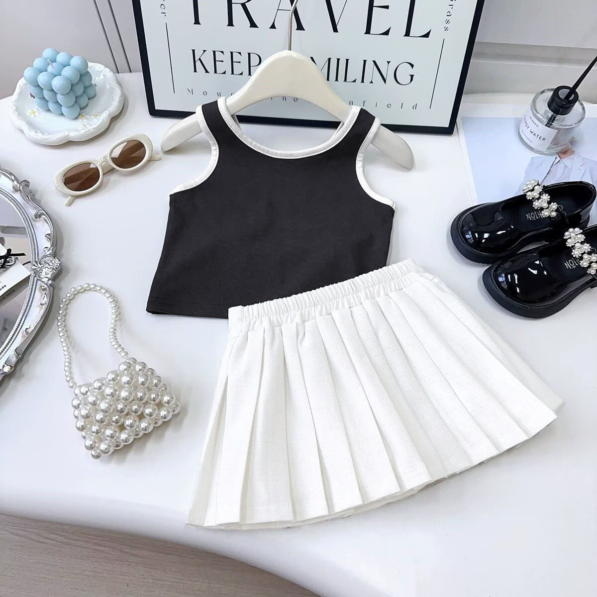 [5071189] - One Set 2in1 Baju Setelan Atasan Lengan Kutung Bawahan Rok Pendek Korean Sporty Style Anak Perempuan Cewek - Motif Cute Big Ribbon - BABYHOKI STORE