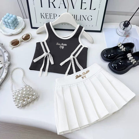 [5071189] - One Set 2in1 Baju Setelan Atasan Lengan Kutung Bawahan Rok Pendek Korean Sporty Style Anak Perempuan Cewek - Motif Cute Big Ribbon - BABYHOKI STORE