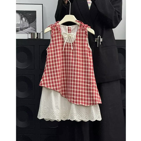 [5071192] - One Set 2in1 Baju Setelan Dress Atasan Lengan Kutung Korean Version Style Anak Perempuan Cewek - Motif Top Color Box Bottom Lace - BABYHOKI STORE