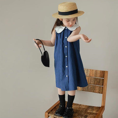 [5071195] - Baju Gaun Dress Princess Lengan Kutung Korean Version Style Anak Perempuan Cewek - Motif Dark Line Color - BABYHOKI STORE