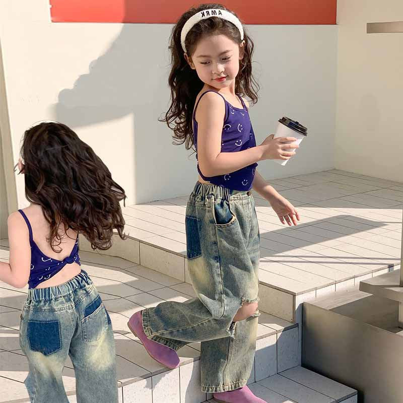 [363721] - Baju Setelan Tank Top Celana Panjang Jeans Sobek Fashion Anak Perempuan - Motif Mini Smile