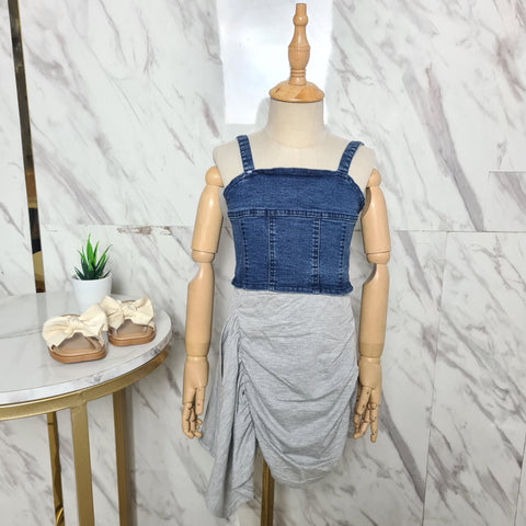 [507815] - Setelan Atasan Baju Jeans Kutung Bawahan Rok Trendi Anak Perempuan - Motif Denim Casual