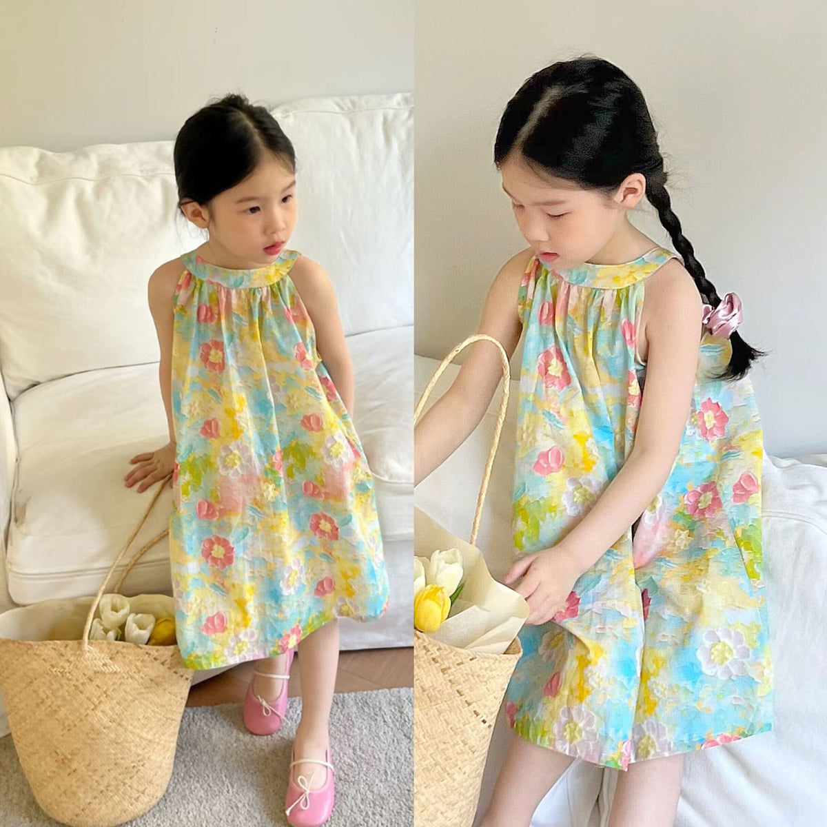 [507949] - Baju Dress Lengan Kutung Anak Perempuan Fashion - Motif Colorful Flower