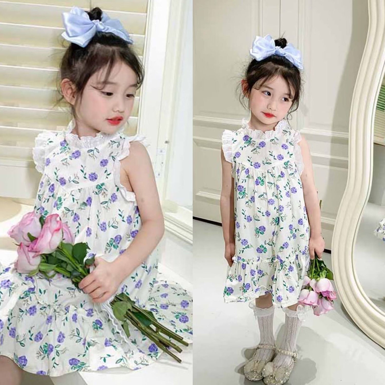 [507954] - Baju Dress Lengan Kutung Anak Perempuan Import Fashion - Motif Soft Flower