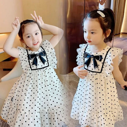 [507957] - Baju Dress Lengan Kutung Anak Perempuan Fashion - Motif Polka Ribbon