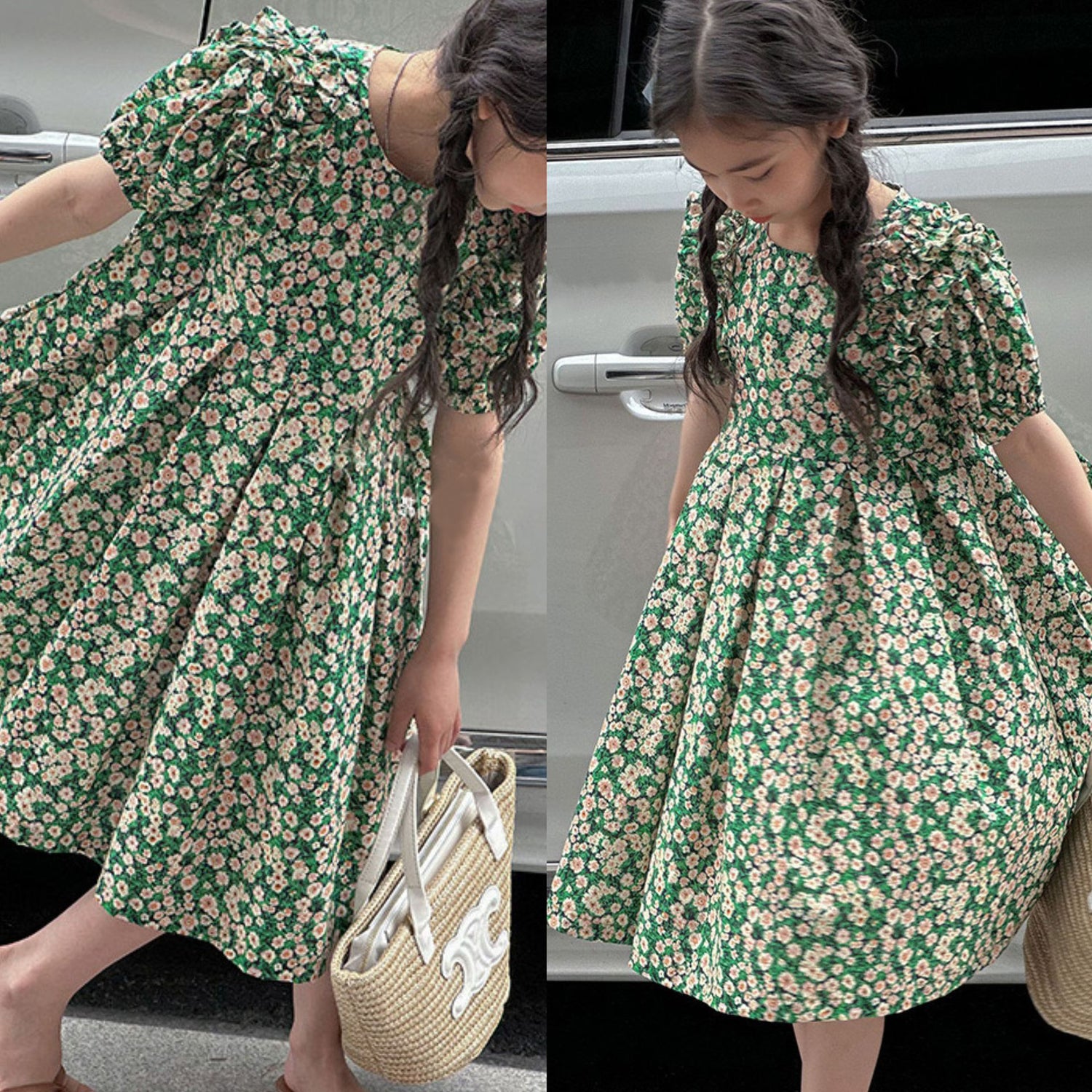 [507961] - Baju Dress Lengan Balon Fashion Import Anak Perempuan - Motif Stacked Flowers