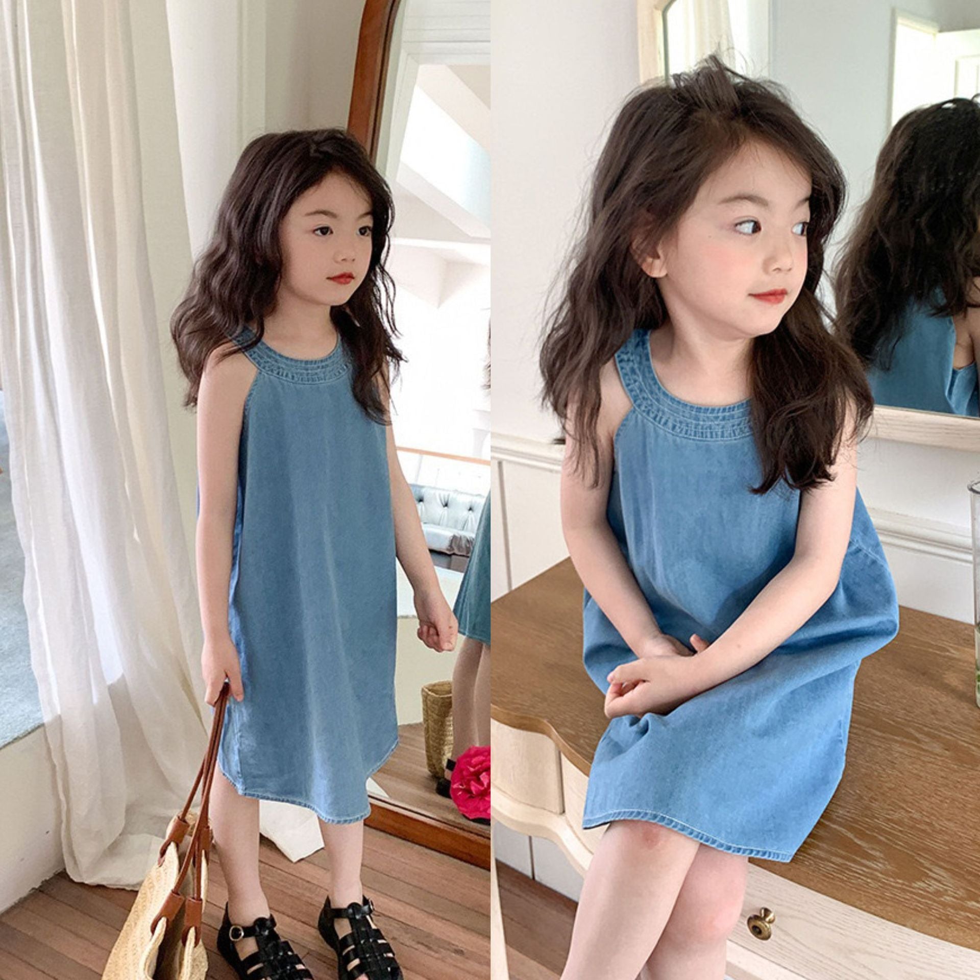 [507962] - Baju Dress Lengan Kutung Fashion Anak Perempuan - Motif Collar Texture