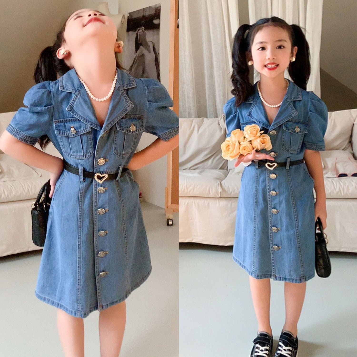 [507963] - Baju Dress Kancing Denim Fashion Anak Perempuan - Motif Heart Buckle