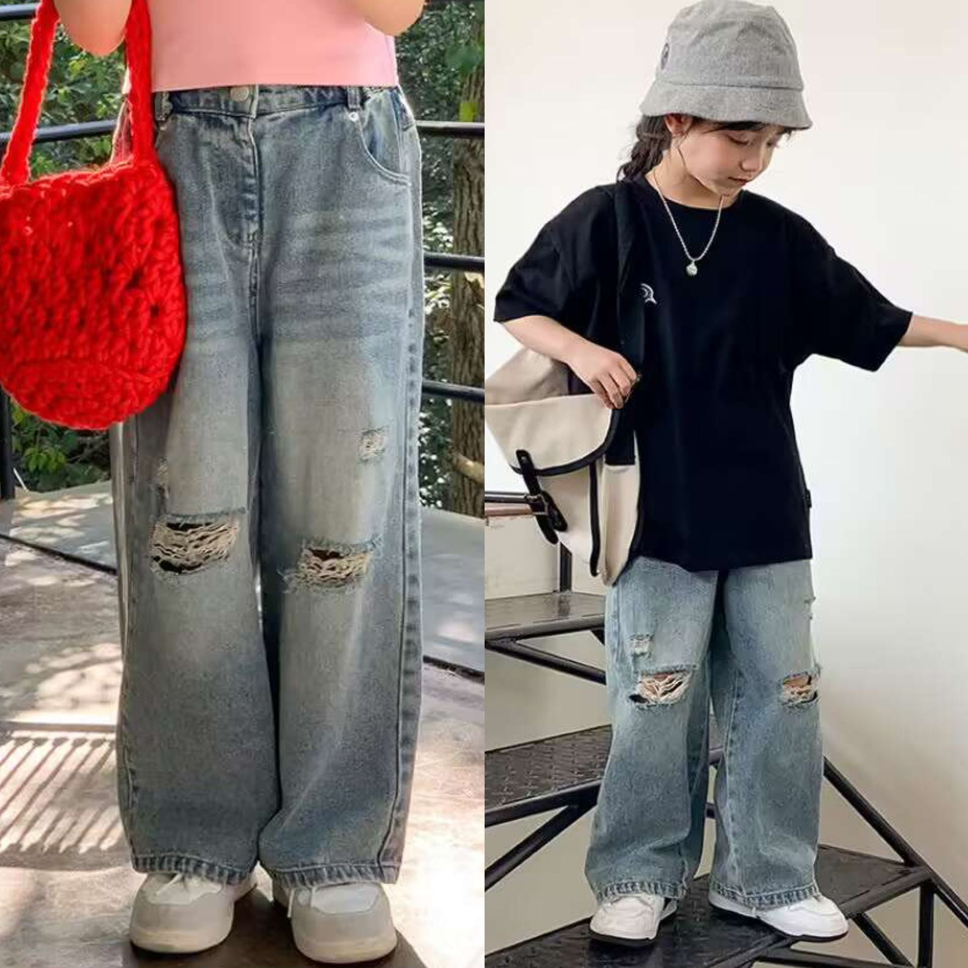 [507978] - Celana Panjang Jeans Kulot Sobek Fashion Import Anak Perempuan - Motif Shadow Line