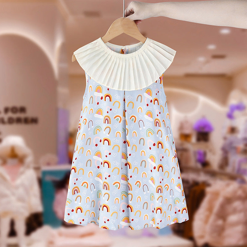 [507983] - Baju Dress Kerah Renda Fashion Anak Perempuan - Motif Rainbow Clouds