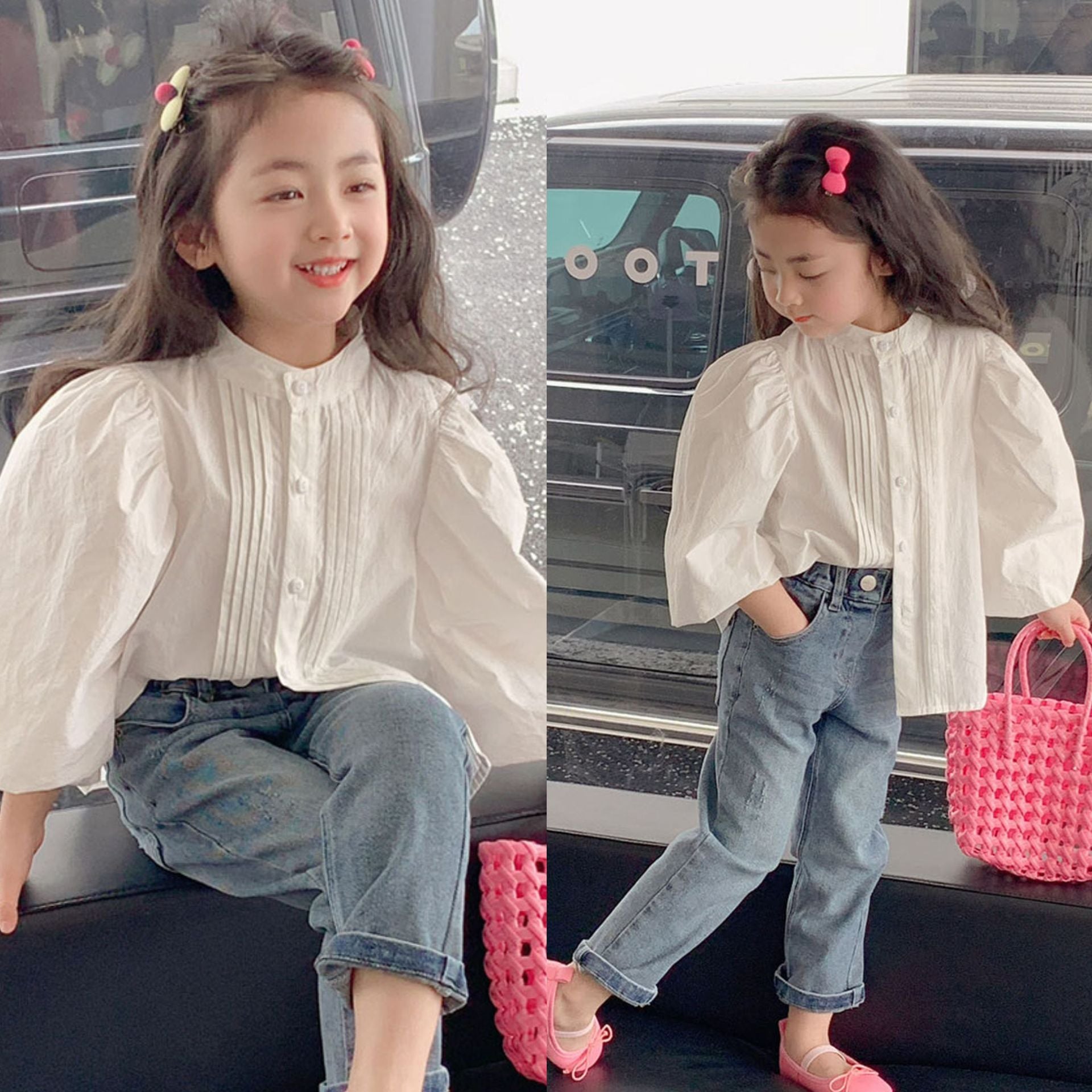 [507986] - Baju Blouse Lengan Balon Fashion Anak Perempuan - Motif Plain Lines