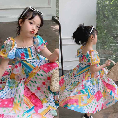 [507991] - Baju Dress Lengan Balon Fashion Anak Perempuan - Motif Painted Patterns