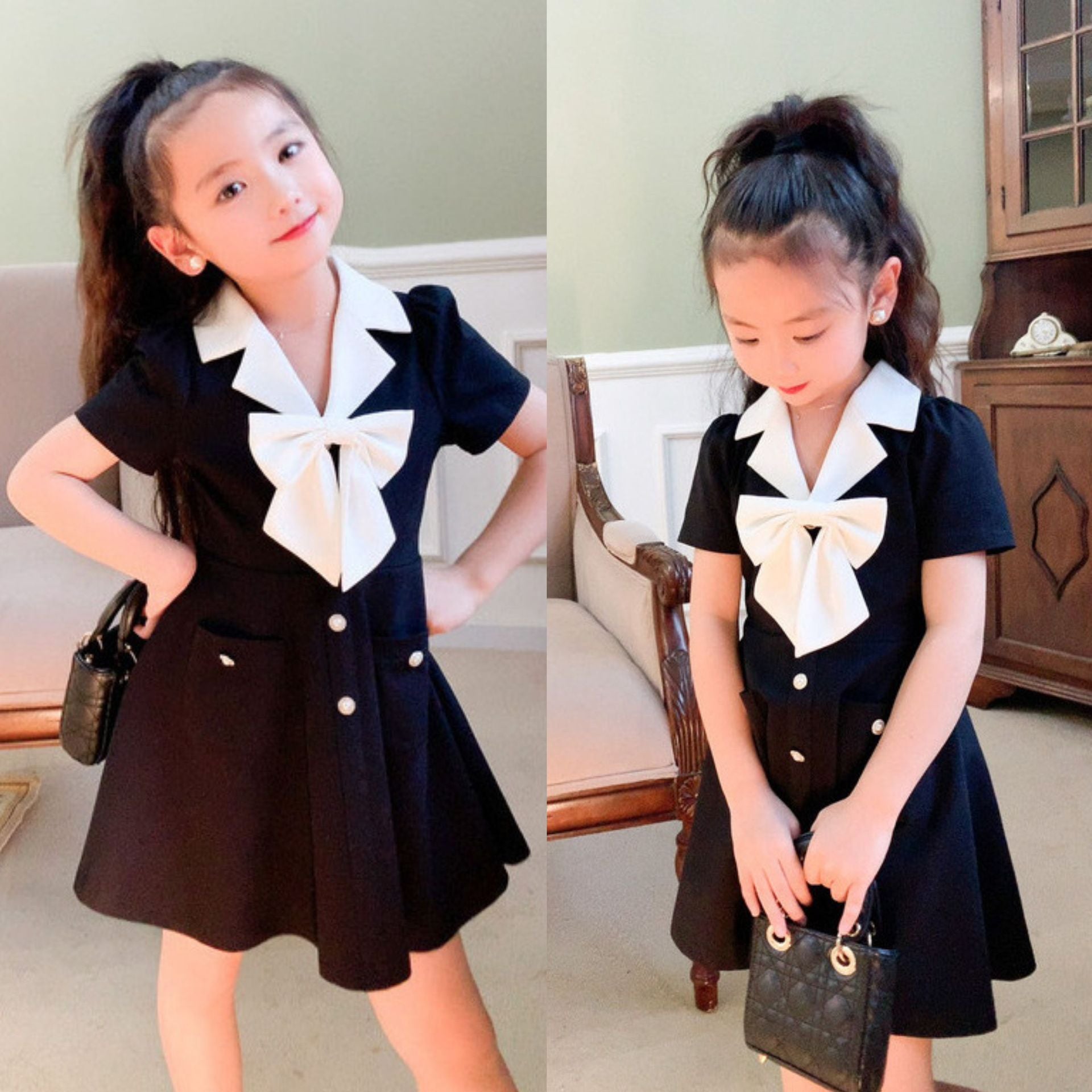[507996] - Baju Dress Lengan Pendek Fashion Anak Perempuan - Motif Collar Ribbon