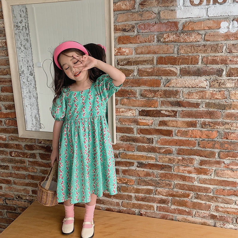 [507S1100] - Baju Dress Lengan Pendek Fashion Anak Perempuan - Motif Flower Line