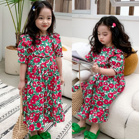 [507S195] - Baju Dress Lengan Pendek Fashion Anak Perempuan - Motif Round Flower