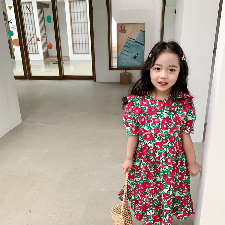 [507S195] - Baju Dress Lengan Pendek Fashion Anak Perempuan - Motif Round Flower