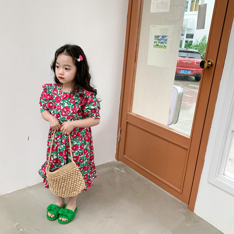 [507S195] - Baju Dress Lengan Pendek Fashion Anak Perempuan - Motif Round Flower