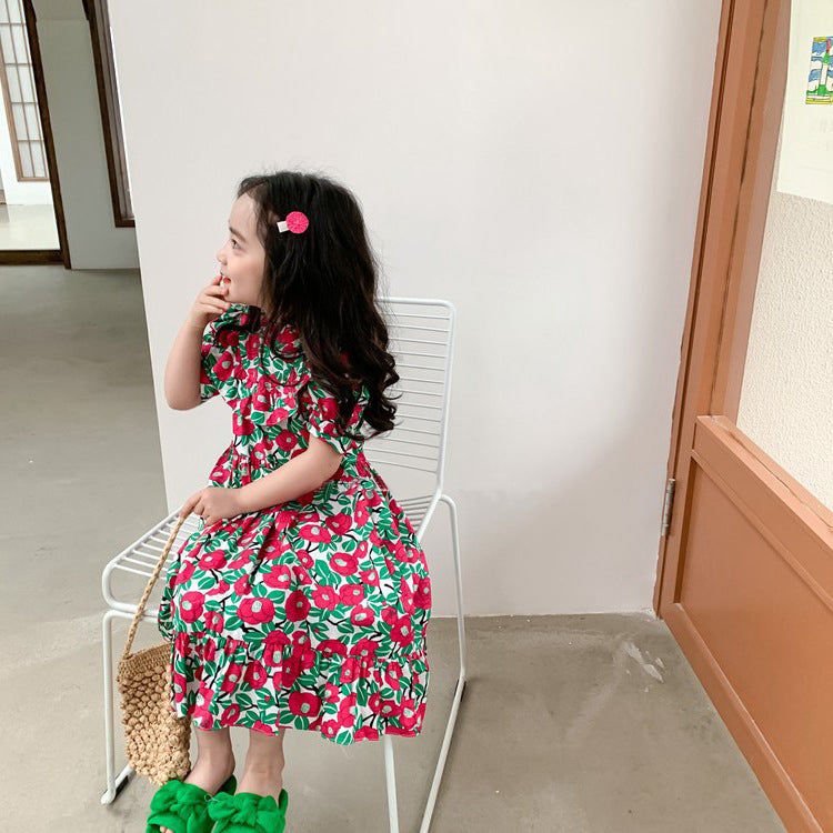[507S195] - Baju Dress Lengan Pendek Fashion Anak Perempuan - Motif Round Flower