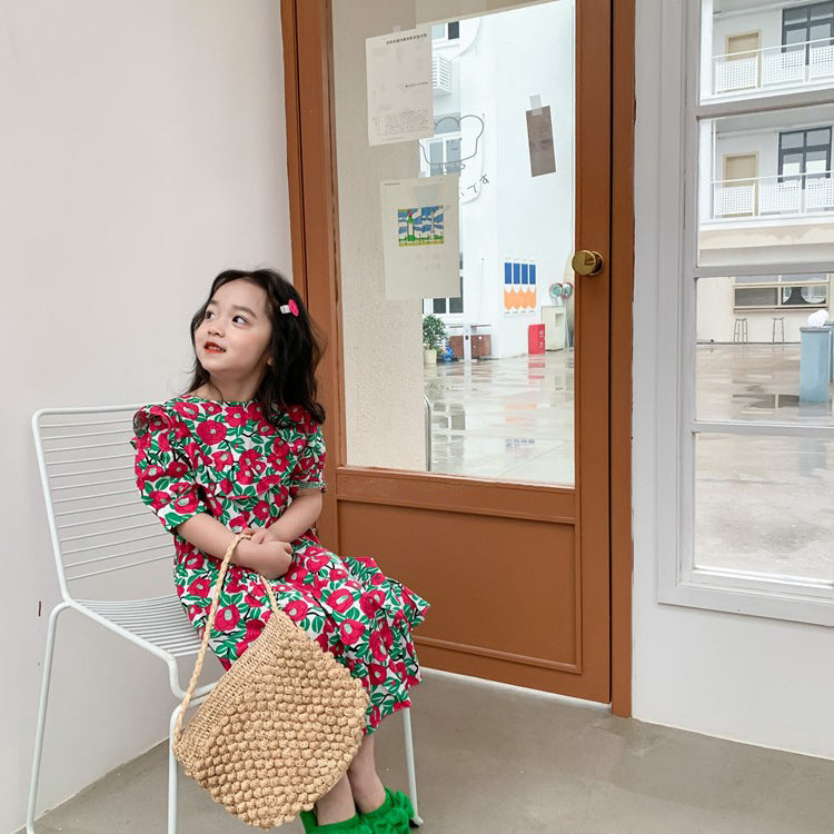 [507S195] - Baju Dress Lengan Pendek Fashion Anak Perempuan - Motif Round Flower