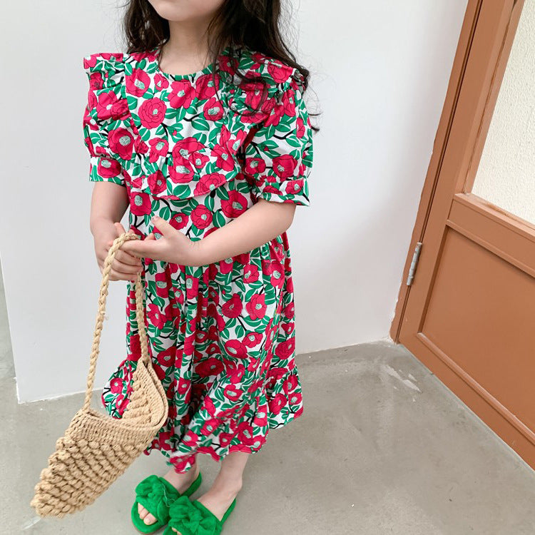 [507S195] - Baju Dress Lengan Pendek Fashion Anak Perempuan - Motif Round Flower