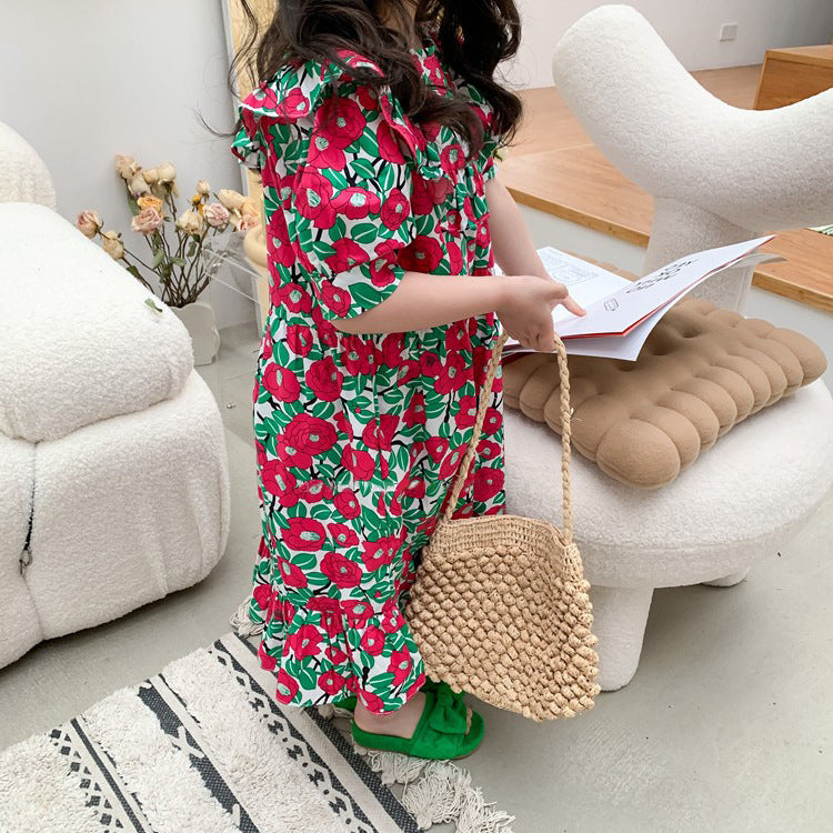[507S195] - Baju Dress Lengan Pendek Fashion Anak Perempuan - Motif Round Flower