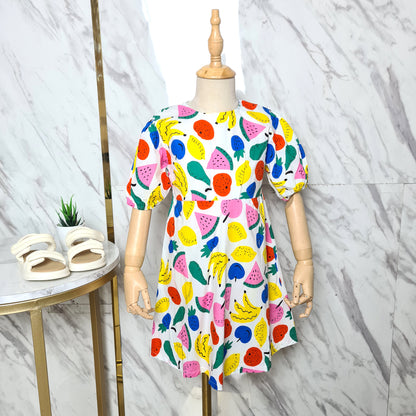 [507S130] - Baju Dress Lengan Pendek Fashion Anak Perempuan - Motif Colorful Fruit