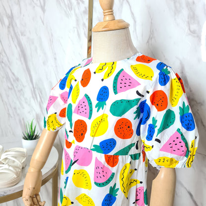 [507S130] - Baju Dress Lengan Pendek Fashion Anak Perempuan - Motif Colorful Fruit