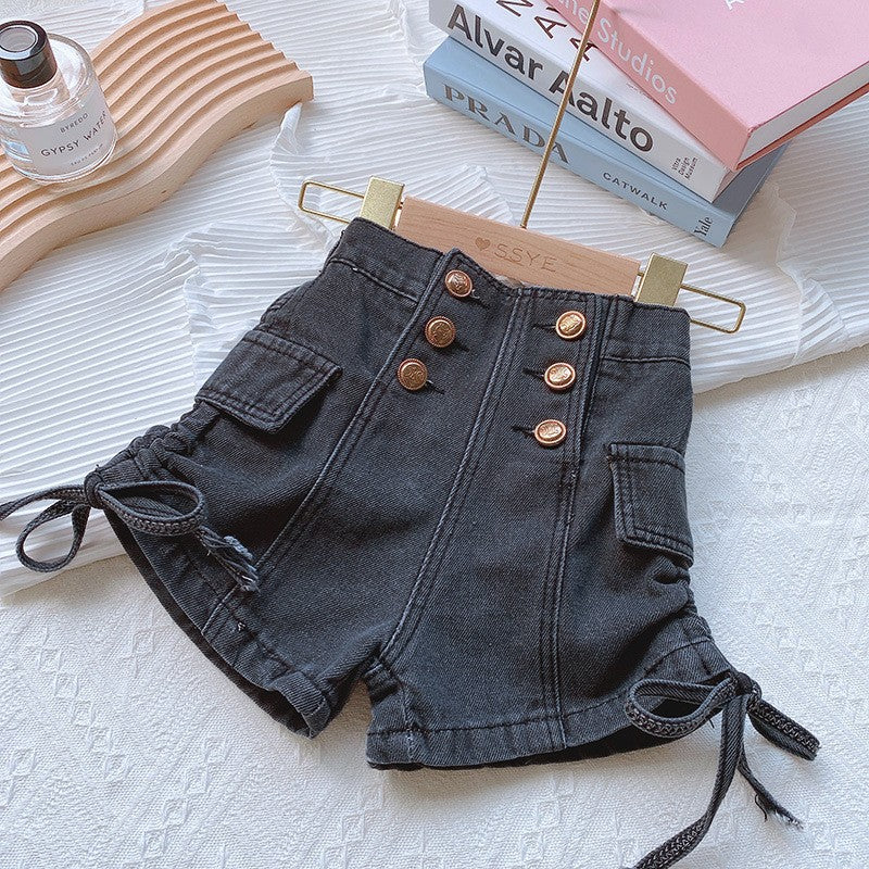 [508221] - Celana Pendek Highwaist Jeans Hotpants Anak Perempuan - Motif Side Strap