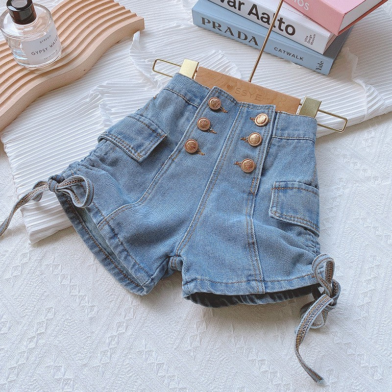 [508221] - Celana Pendek Highwaist Jeans Hotpants Anak Perempuan - Motif Side Strap