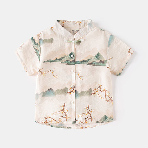 Kemeja Pendek Koko [513-BT106] - Baju Atasan Berkerah Shanghai Imlek Lebaran Cheongsam Lengan Pendek Fashionable Anak Laki Laki Cowok Bermotif - BABYHOKI STORE