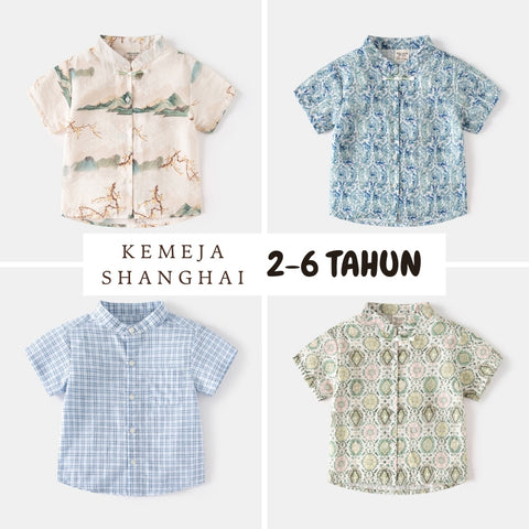 Kemeja Pendek Koko [513-BT106] - Baju Atasan Berkerah Shanghai Imlek Lebaran Cheongsam Lengan Pendek Fashionable Anak Laki Laki Cowok Bermotif - BABYHOKI STORE