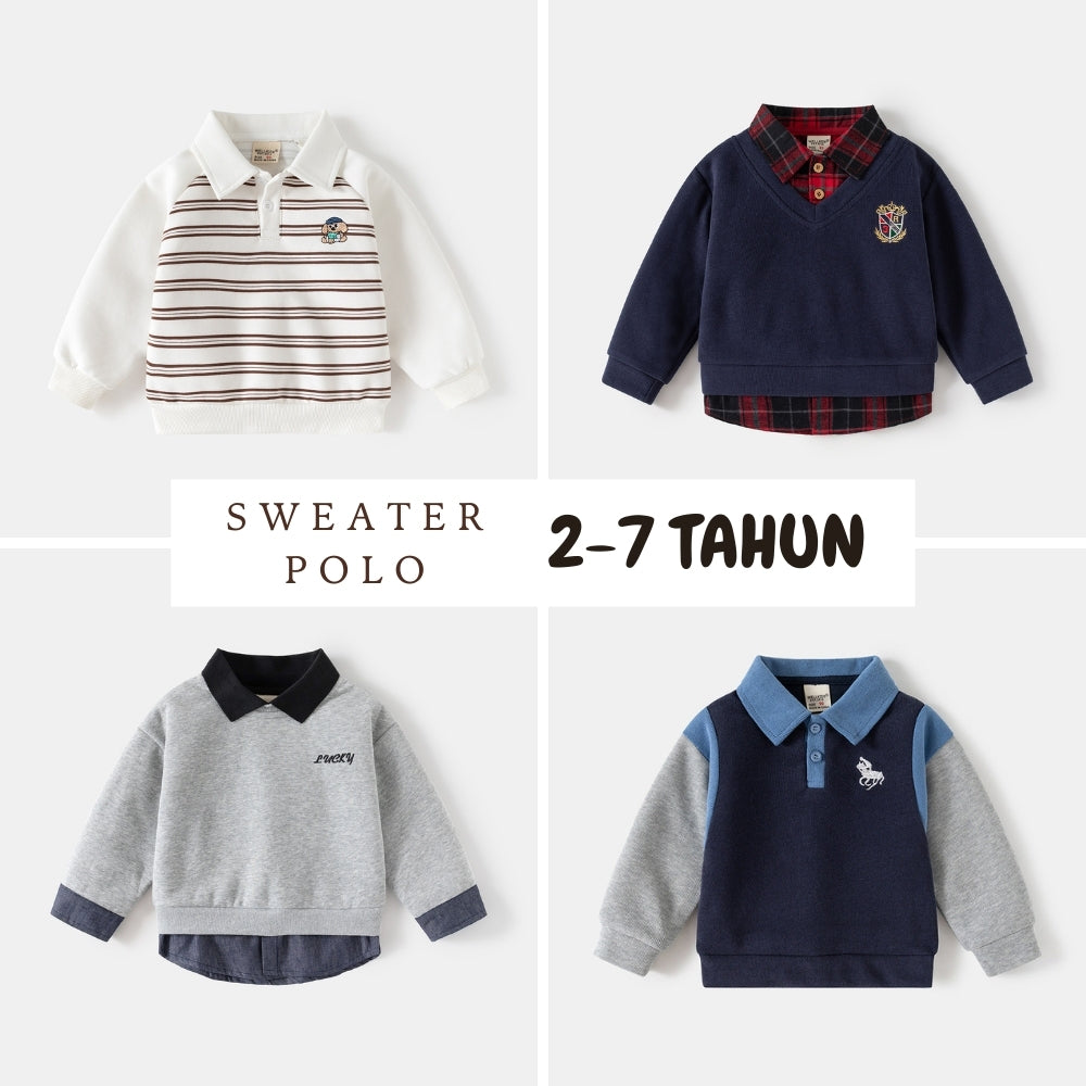 Sweater Kerah Polo [513-BT111] - Baju Atasan Outerwear Lengan Panjang Fashionable Anak Laki Laki Cowok Bermotif Mix Random - BABYHOKI STORE