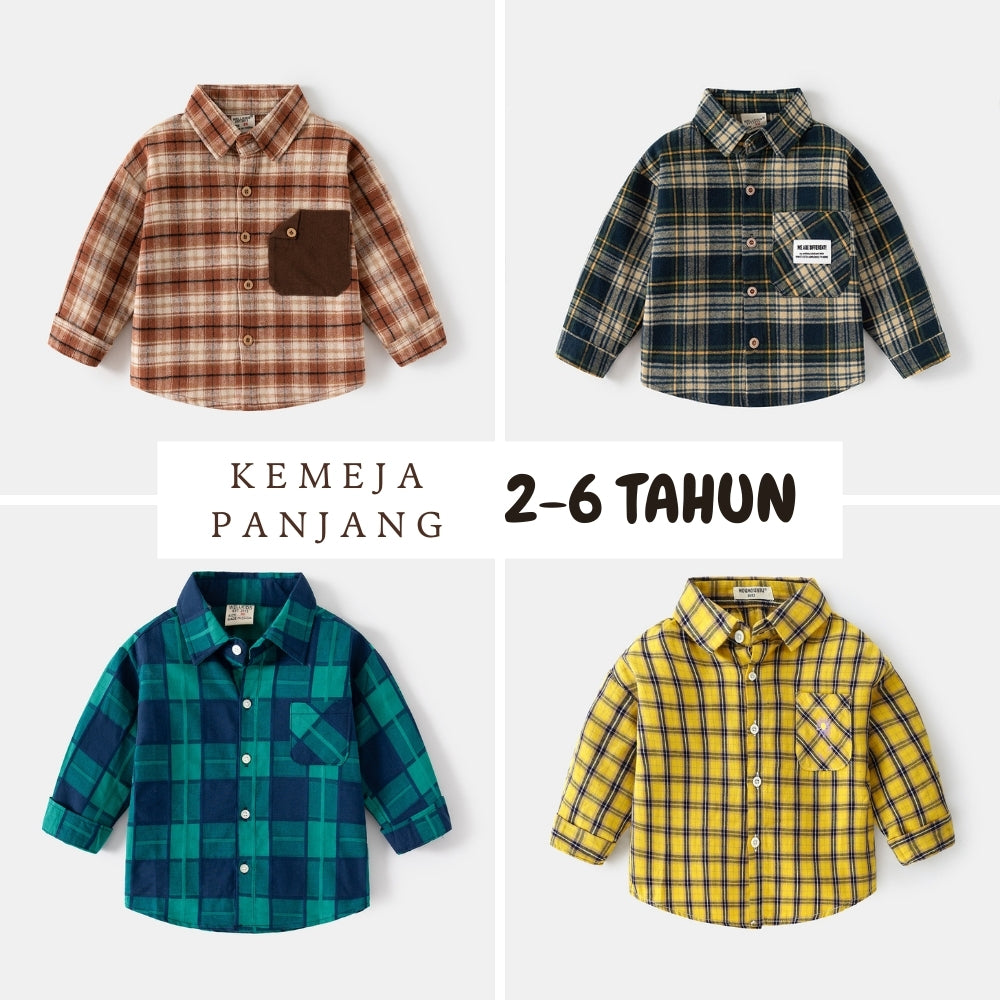 Kemeja Panjang Kotak [513-BT116] - Baju Atasan Berkerah Lengan Panjang Fashionable Anak Laki Laki Cowok Motif Plaid - BABYHOKI STORE