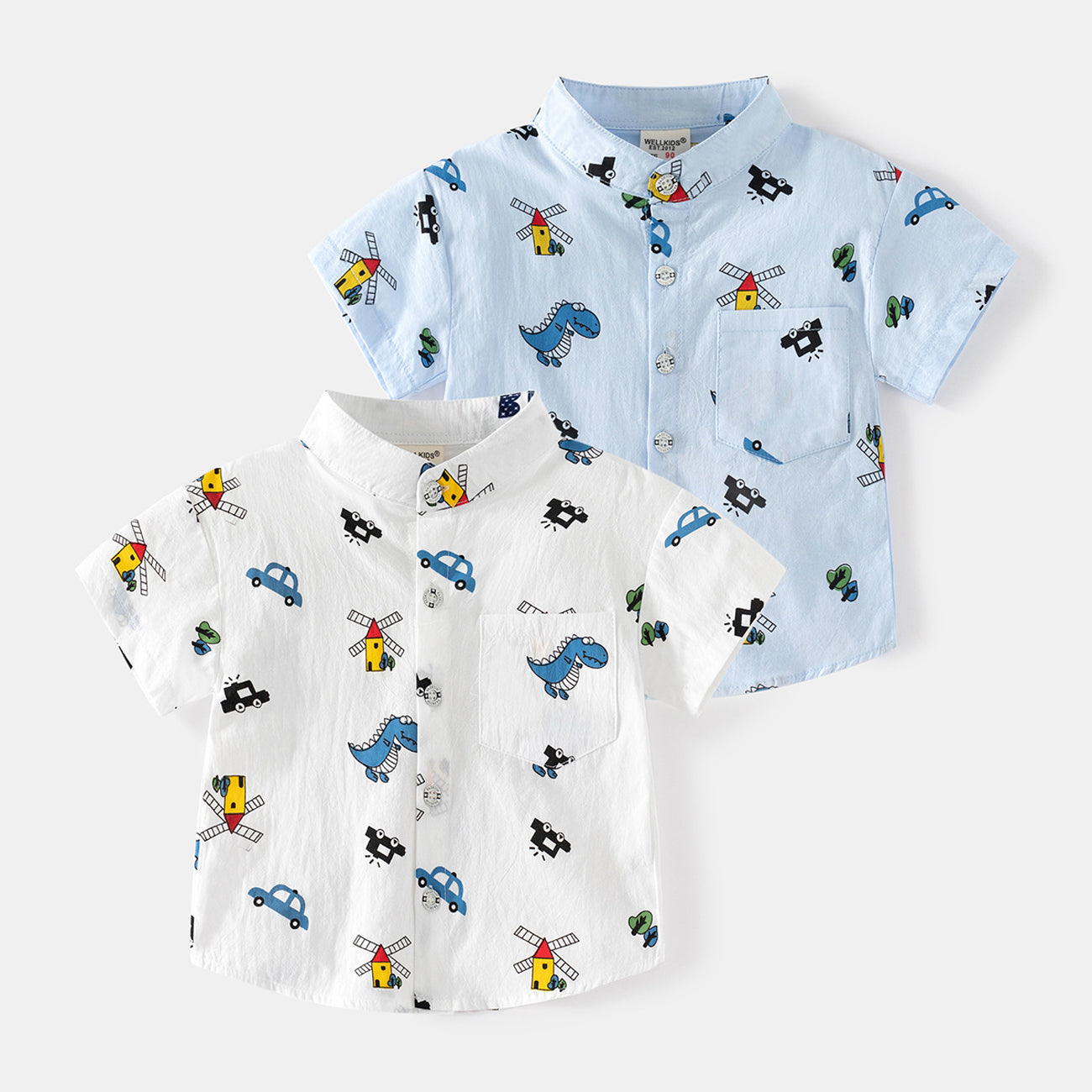 [5131019] - Baju Atasan Kemeja Koko Fashion Anak Laki-Laki - Motif T-Rex Car