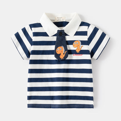 [5131077] - Baju Atasan Kaos Kerah Polo Fashion Anak Laki-Laki - Motif Striped Dinosaur