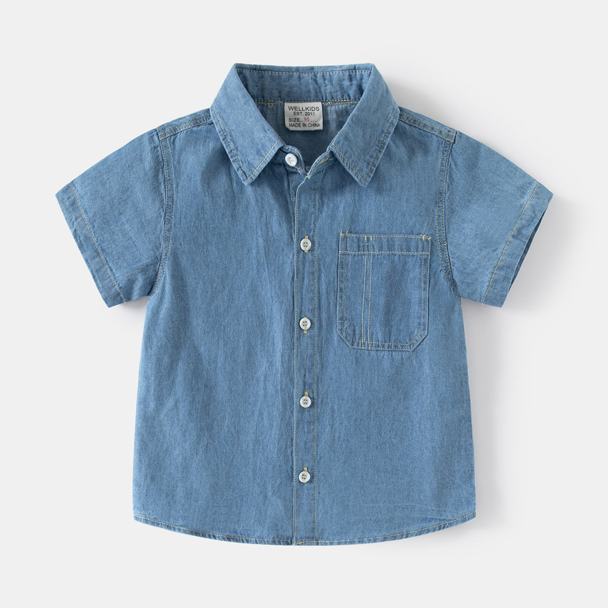 [5131090] - Baju Kemeja Denim Lengan Pendek Fashion Anak Laki-Laki - Motif Stitching Texture