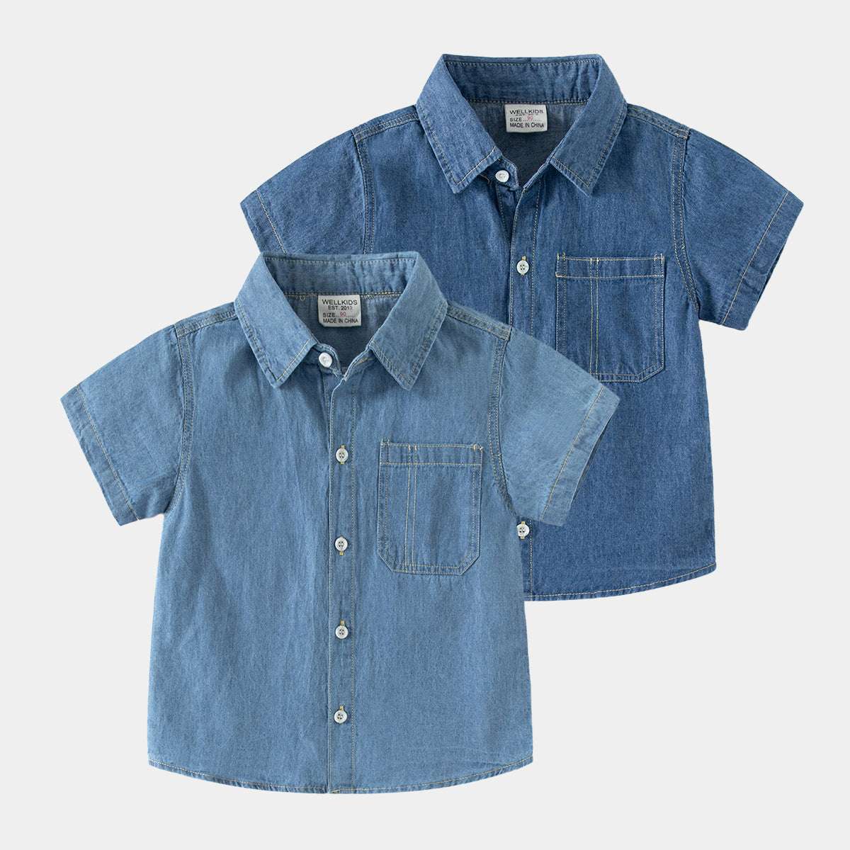 [5131090] - Baju Kemeja Denim Lengan Pendek Fashion Anak Laki-Laki - Motif Stitching Texture